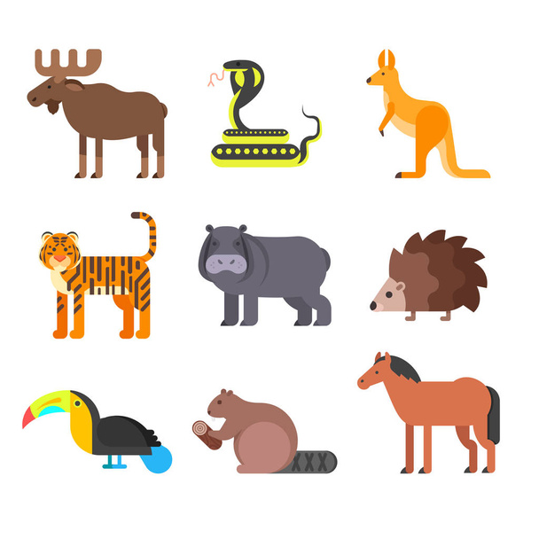 Vector flat style set of animals. Hedgehog, tiger, snake. - Vector, Image