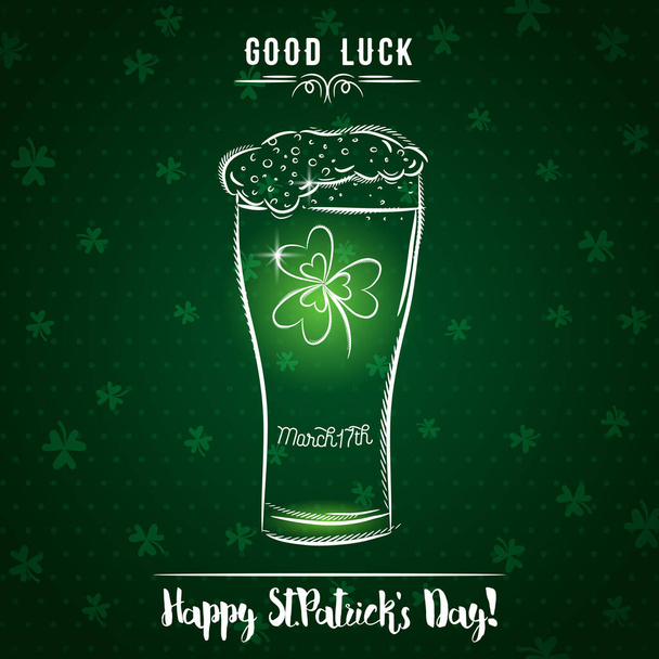 Vihreä kortti Pyhän Patrickin päivä oluen muki ja shamrock
 - Vektori, kuva