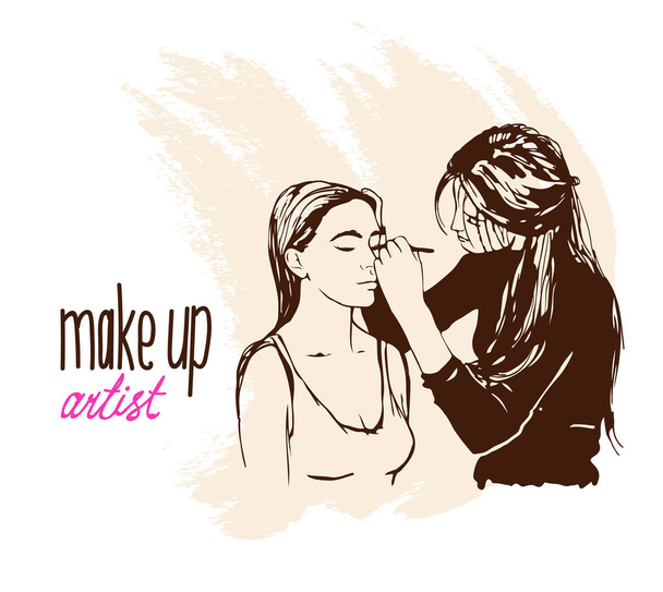 Mujer visagista maquillaje artista pinta en la cara de su cliente
. - Vector, imagen