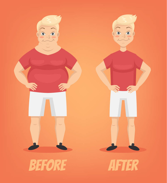 Before and after sport man character. Vector flat cartoon illustration - Vektori, kuva