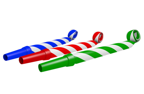 Ριγέ μπλε, κόκκινο και πράσινο κόμμα φυσητήρας σφυρίχτρες για καθιστώντας δυνατό θόρυβο, 3d rendering - Φωτογραφία, εικόνα