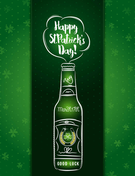Green card for St. Patrick's Day with  one beer bottle, horsesho - Vector, Imagen