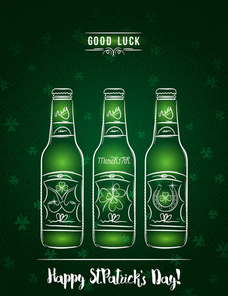 Green card for St. Patrick's Day with  beer bottle, horseshoe - Vetor, Imagem