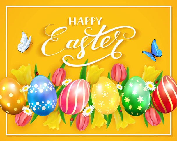 Easter eggs on yellow background - Vecteur, image