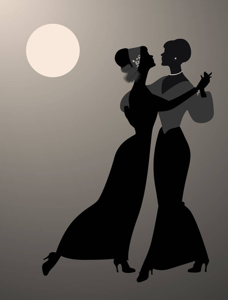 Силуети двох жінок танцюють разом під місяцем
 - Вектор, зображення