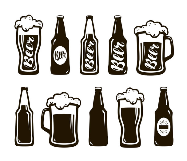 Glas bier, ale, lager. Mok, fles set van pictogrammen. Oktoberfest, restaurant, pub, bar symbool. Vectorillustratie - Vector, afbeelding
