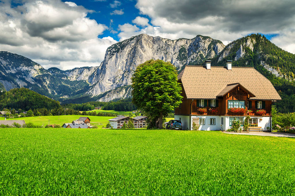 Fantastic green fields with alpine houses and mountains, Altaussee, Austria - Photo, Image