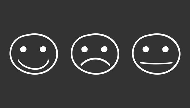 Handgezeichnetes Smiley-Symbol. Emotionale Gesichtsvektordarstellung in flachem Stil auf schwarzem Hintergrund. - Vektor, Bild