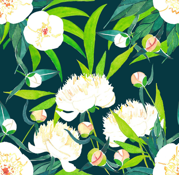 Beautiful lovely sophisticated white peonies pattern on dark blue background watercolor hand sketch - Foto, immagini