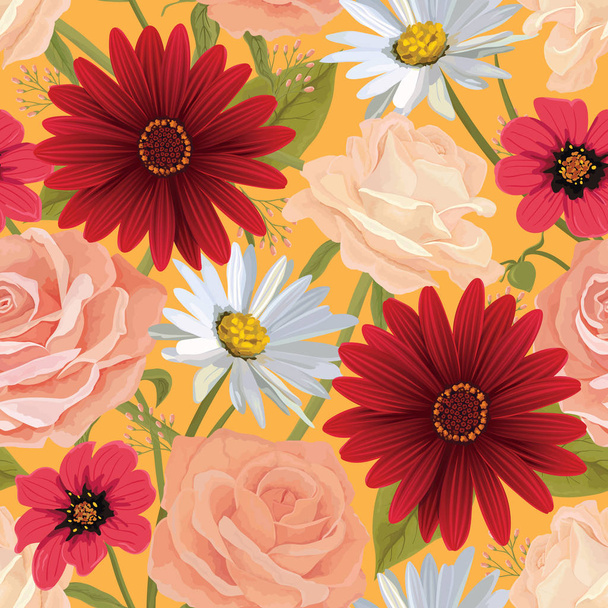 Beautiful  seamless color flower pattern with roses, gerbera and other flowers. Flower vector background. EPS 10 vector. - Διάνυσμα, εικόνα