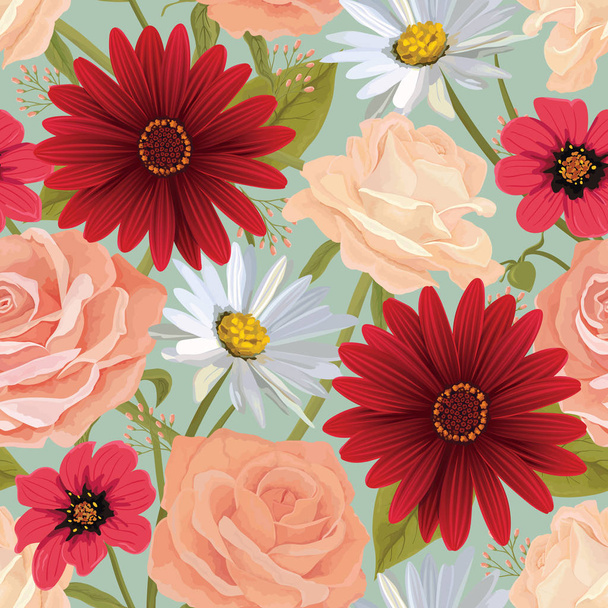 Mooie naadloze kleur bloemenpatroon met rozen, gerbera en andere bloemen. Bloem vector achtergrond. EPS-10 vector. - Vector, afbeelding