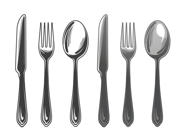 Cutlery set spoon, fork and knife. Tableware, top view. Vector illustration - Vector, imagen