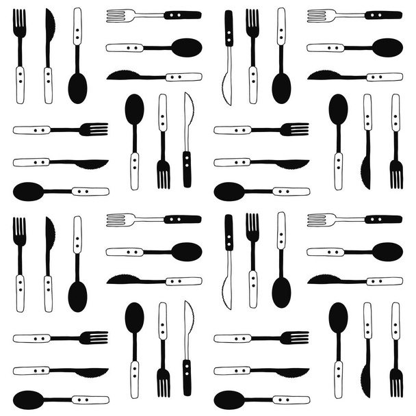 Cutlery pattern. Fork, knife, spoon vector background. Hand drawn doodle vector illustration. Black and white sketch cutlery - Vecteur, image