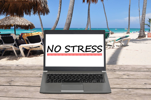 Nessun testo di stress con notebook su una spiaggia
 - Foto, immagini