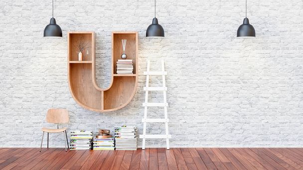 A library with bookshelves a letter u. - Foto, imagen
