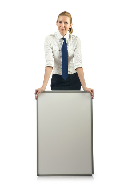 Businesswoman with blank board on white - Фото, зображення