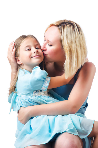Happy mom and daughter on white - Foto, imagen
