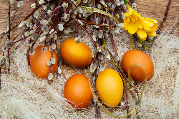 oeufs de Pâques de couleur orange et jaune avec des branches de saule chatte, printemps
 - Photo, image