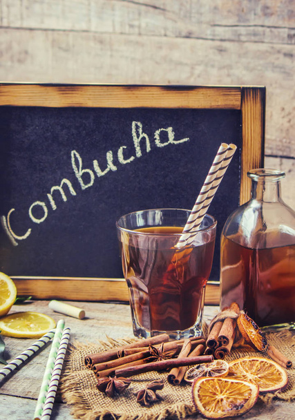 Kombucha, the drink in the glass. Selective focus.  - Photo, image