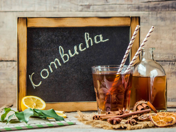 Kombucha, the drink in the glass. Selective focus.  - Photo, Image