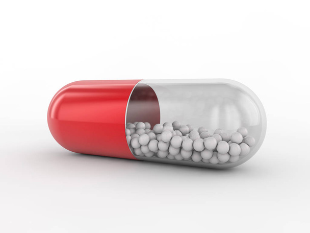 Capsule with drug on white background. 3D rendering - Fotografie, Obrázek