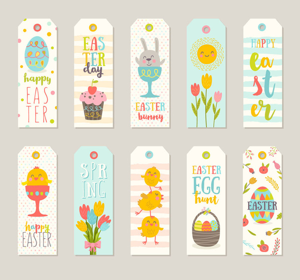Set of Easter gift tags and labels with cute cartoon characters and type design . Easter greetings with bunny, chickens, eggs and flowers. Vector illustration. - Vektori, kuva