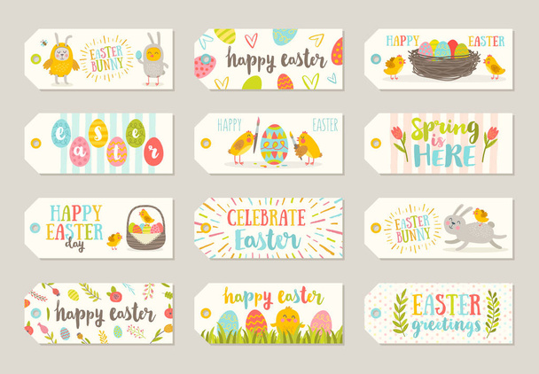 Set of Easter gift tags and labels with cute cartoon characters and type design . Easter greetings with bunny, chickens, eggs and flowers. Vector illustration. - Vetor, Imagem