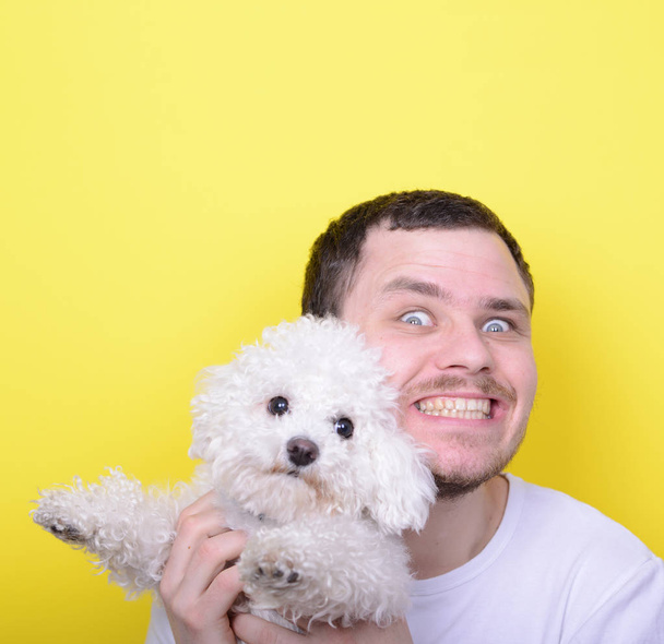 Portrait of funny looking chubby man holding cute small Bichon F - Foto, afbeelding