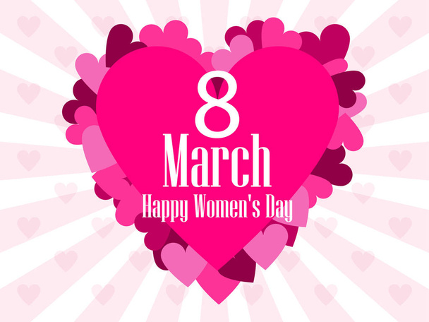 8 Mart günü. Dünya Kadınlar Günü. Arka plan ışınları ve kalp ile. Vektör çizim - Vektör, Görsel