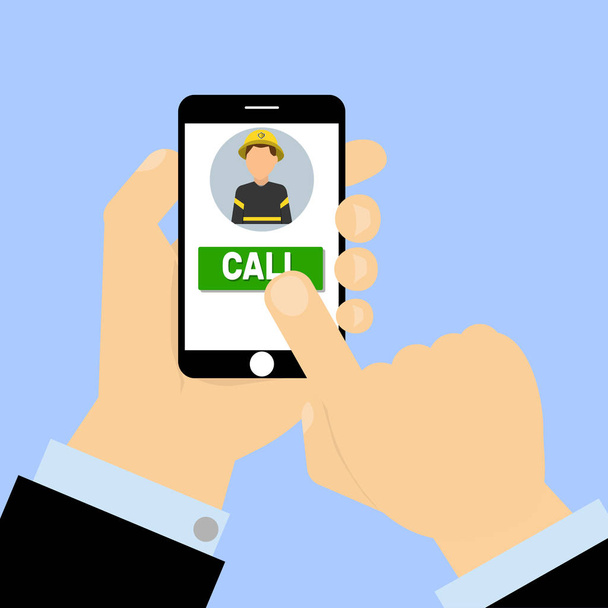 Finger presses to the call fireman button a smartphone - Vector, Image