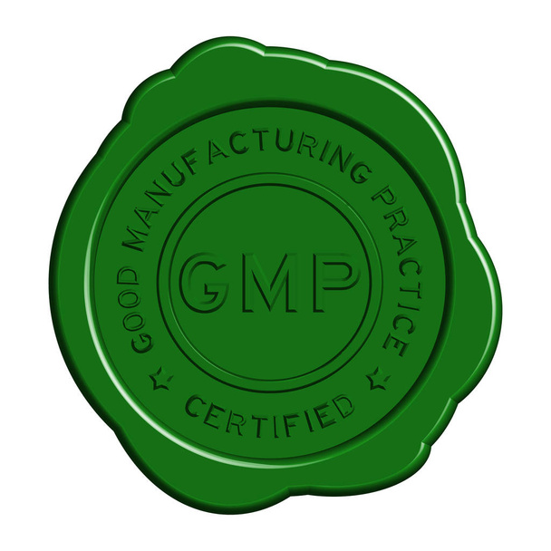 GMP verde (boas práticas de fabricação) selo de cera redonda no fundo branco
 - Vetor, Imagem
