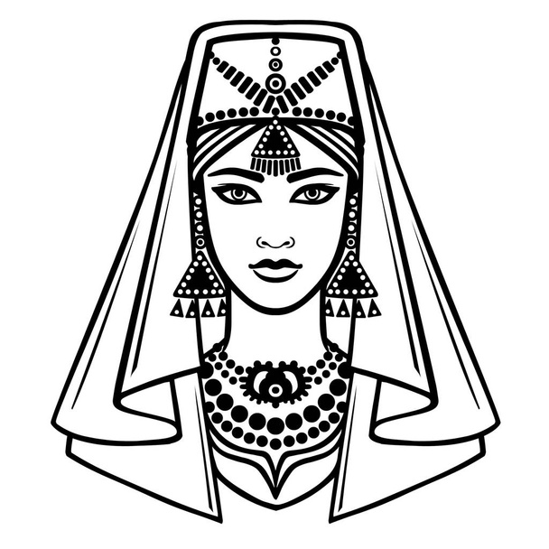 Animation portrait of the Arab girl in ancient dress. Linear monochrome drawing isolated on a white background. Vector illustration. - ベクター画像