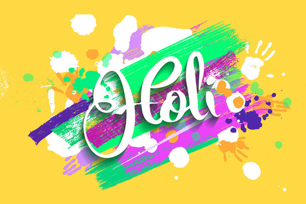 Happy holi on a background of hand prints. - Vecteur, image