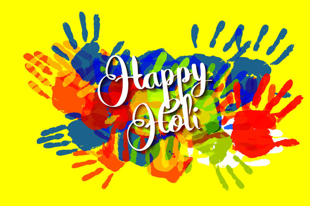 Happy Holi на фоне отпечатков рук
 - Вектор,изображение