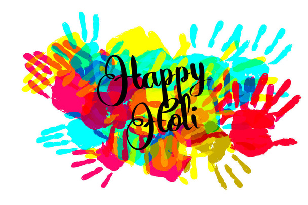 Happy holi on a background of hand prints - Vector, Image