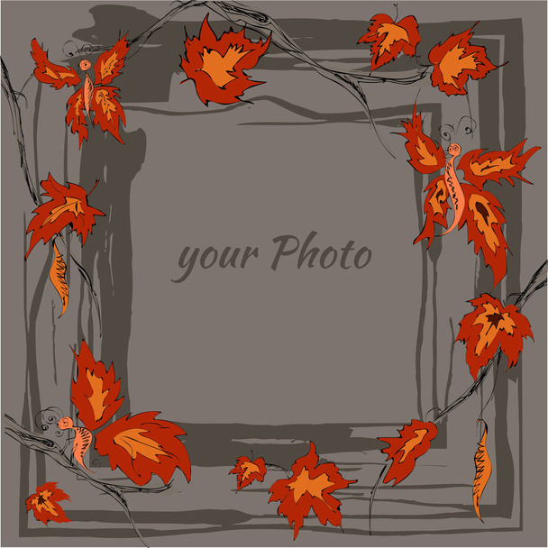 Marco de otoño redondo con hojas amarillas, naranjas y ramitas de arce, mariposa
. - Vector, imagen
