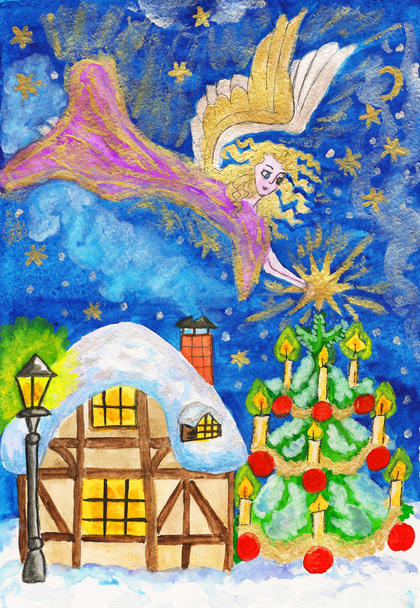 Ángel con estrella, cuadro navideño pintado a mano
 - Foto, imagen