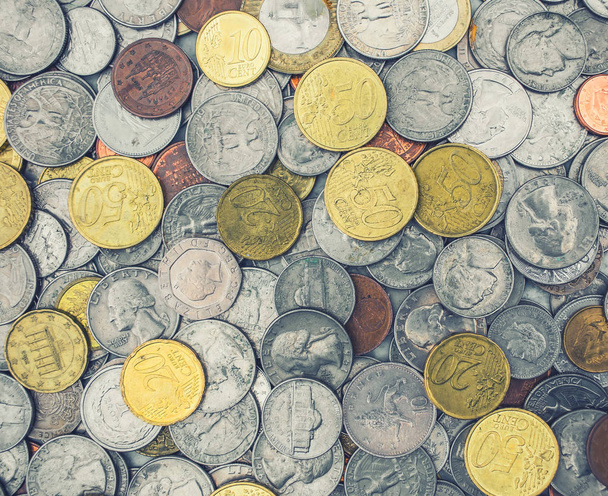 Coins of several currencies - background pattern. - Φωτογραφία, εικόνα