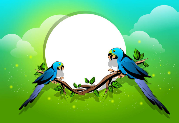 Иллюстрация двух попугаев на веточке деревьев
 - Фото, изображение