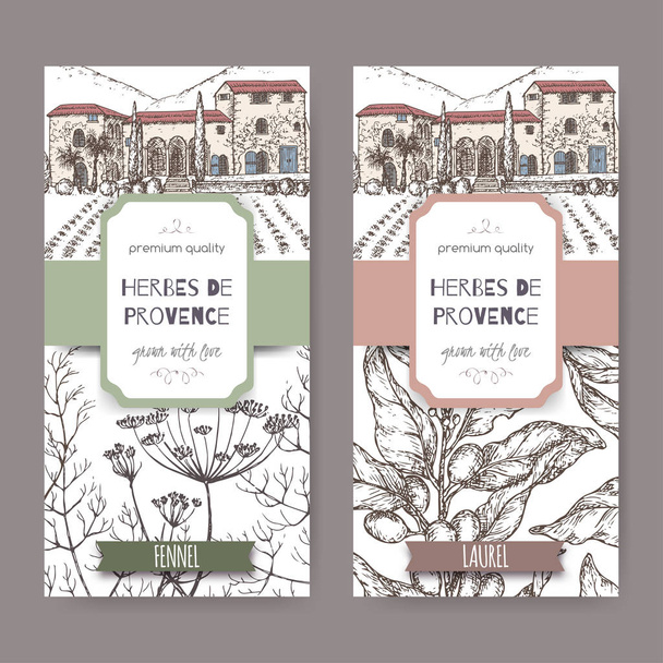 Two labels with Provence cottage, fennel and laurel sketch. - Vektör, Görsel