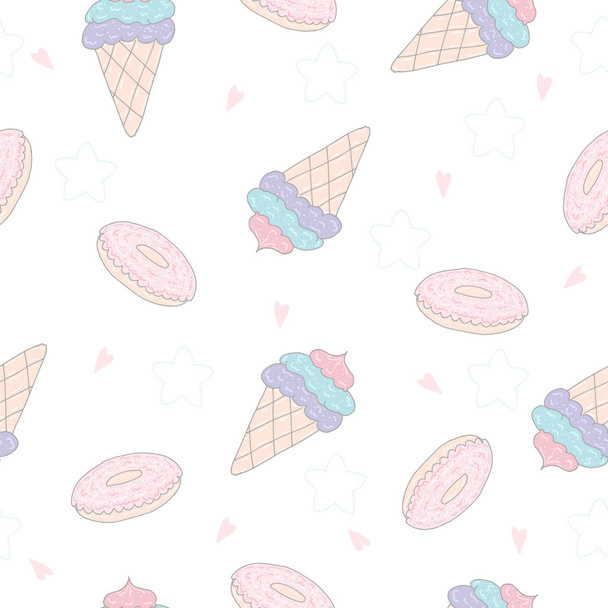 hand drawn seamless ice cream and donut pattern vector illustration. - Vektör, Görsel