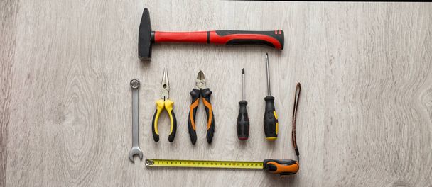 Tools on wooden background with copy space - Foto, Imagem