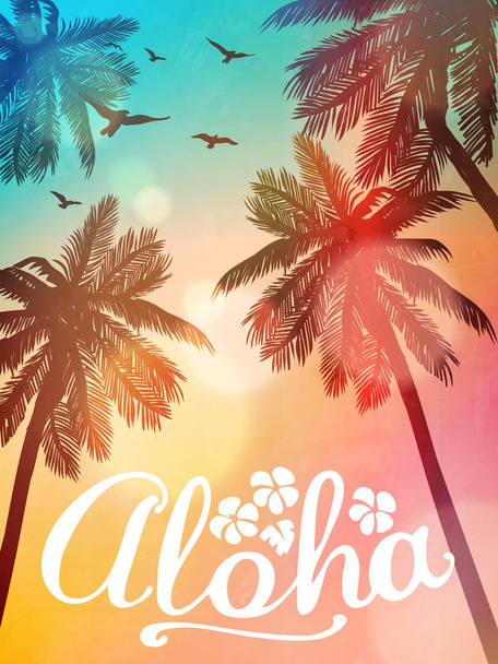 Illustrazione spiaggia estiva Aloha. Biglietto di ispirazione per matrimonio, data, compleanno, invito alle feste tropicali
 - Vettoriali, immagini