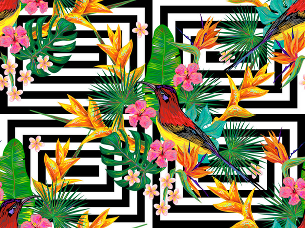 Seamless summer tropical pattern with birds, palm leaves and exotic flowers vector background. Perfect for wallpapers, pattern fills, web page backgrounds, surface textures, textile - Vector, imagen