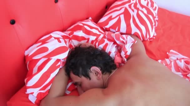 Young Cute Brunette Man Sleeping in Bed - Filmagem, Vídeo