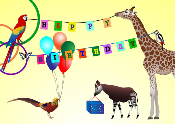 З днем народження картина: тварини з подарунками та прикрасами
 - Вектор, зображення