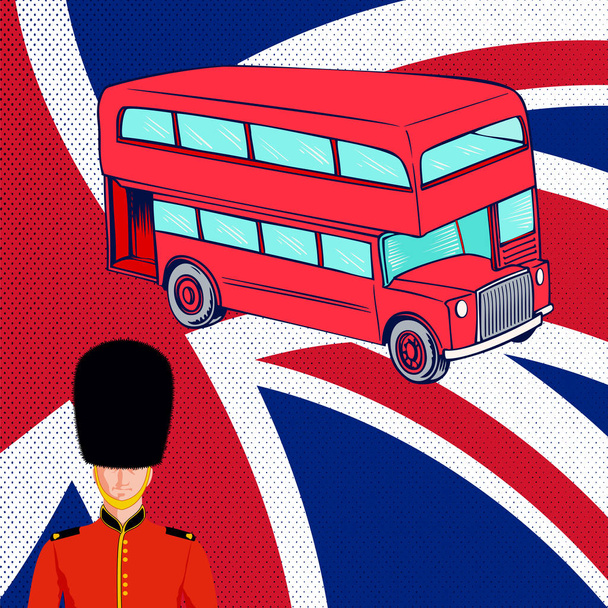 Britský červený autobus, Královská stráž, vlajka Uk. - Vektor, obrázek