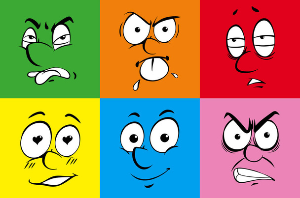 Ανθρώπινη εκφράσεις του προσώπου σε πολύχρωμο φόντο - Διάνυσμα, εικόνα