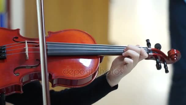 Młoda dziewczyna gry na skrzypcach na szkolnym korytarzu - Materiał filmowy, wideo