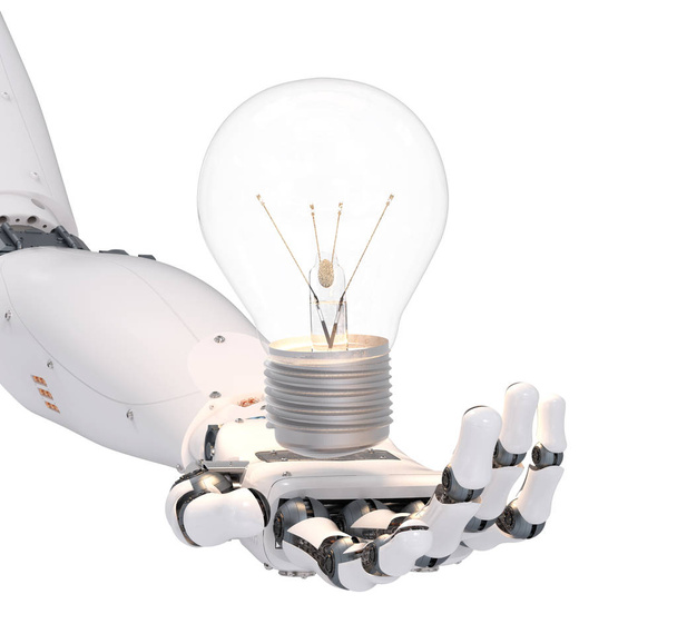 robotic hand with light bulb - Foto, afbeelding